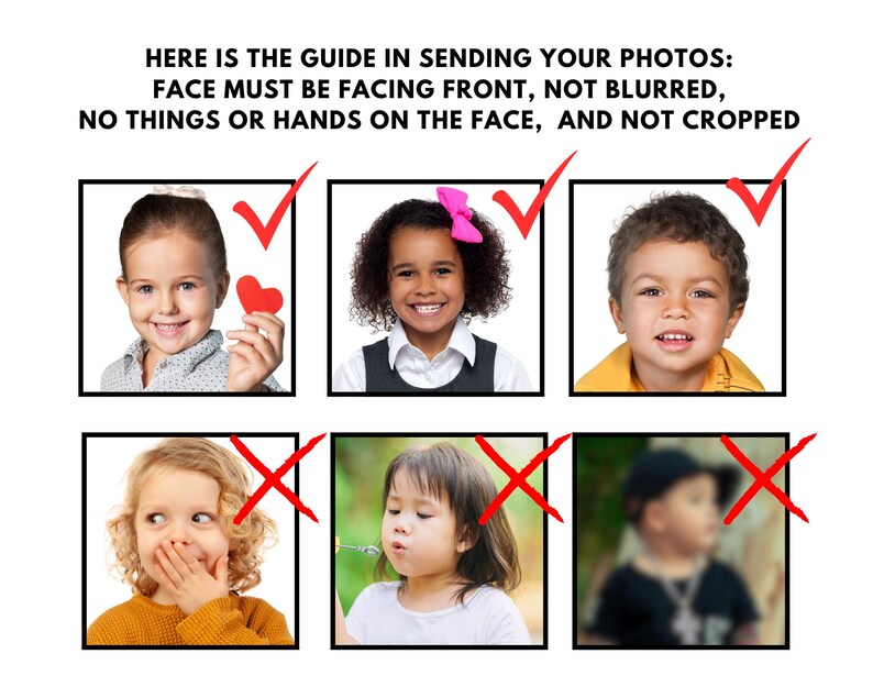 Op de afbeelding: Een gids voor het verzenden van foto's met voorbeelden. De tekst luidt: GEZICHT MOET VOORUIT STAAN, NIET ONSCHERP, GEEN DINGEN OF HANDEN OP HET GEZICHT, EN NIET BIJGESNEDEN. De afbeelding toont voorbeelden van acceptabele en onacceptabele foto's.