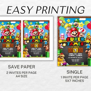 May include: Two printable invitations for a Super Mario themed birthday party. The invitations feature a cartoon image of Super Mario and friends. The text on the invitations reads "Super James" and "7" for the birthday boy's name and age. The invitations are available in two sizes: 2 per A4 page or 1 per 5x7 inch page.