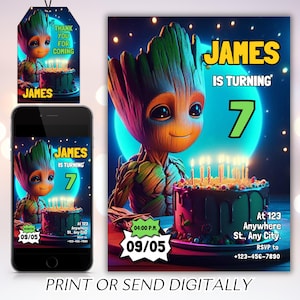 Modèle d'invitation d'anniversaire Groot, invitation de fête d'anniversaire imprimable, modèle d'invitation de fête d'enfants numérique, anniversaire de Groot, groot modifiable