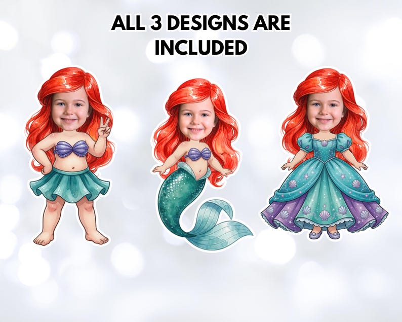 Op de afbeelding: Drie cartoonontwerpen met het gezicht van een kind met rood haar. De ontwerpen omvatten een zeemeermin met een turquoise rok, een zeemeermin met een turquoise staart en een prinses in een turquoise en paarse jurk. De tekst bovenaan luidt "ALL 3 DESIGNS ARE INCLUDED."