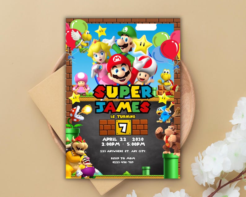 May include: A Super Mario themed birthday invitation for a child turning seven. The invitation features characters from the Super Mario video game series, including Mario, Luigi, Peach, Toad, and Bowser. The invitation is decorated with a brick pattern and a green pipe. The text on the invitation reads "Super James is turning 7" and includes the date, time, and location of the party.
