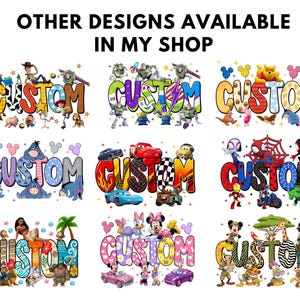 May include: A collection of nine graphic designs featuring the word CUSTOM in various colorful fonts, each decorated with different animated characters and patterns. The text OTHER DESIGNS AVAILABLE IN MY SHOP is printed at the top of the image.