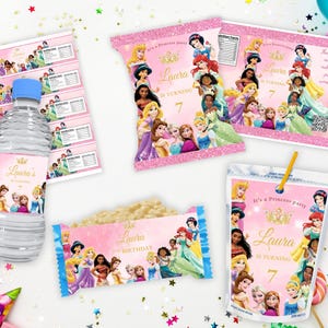 May include: Pink and gold princess-themed party favor labels with images of Disney princesses. The labels say "It's a Princess Party", "Laura is turning 7", and "Thank you for making my party wonderful".