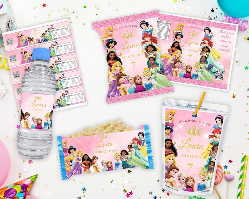 May include: Pink and gold princess-themed party favor labels with images of Disney princesses. The labels say "It's a Princess Party", "Laura is turning 7", and "Thank you for making my party wonderful".