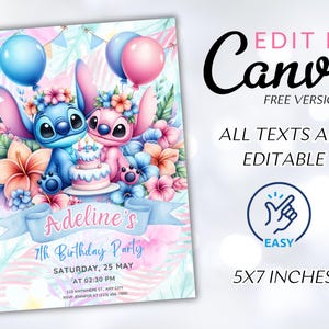 Puede incluir: Una invitaci&oacute;n a una fiesta de cumplea&ntilde;os para un 7&ordm; cumplea&ntilde;os con Stitch y Angel de Lilo & Stitch. La invitaci&oacute;n est&aacute; decorada con flores rosas y azules, globos y un pastel. El texto de la invitaci&oacute;n dice "Adeline's 7th Birthday Party, Saturday, 25 May at 02:30 PM".