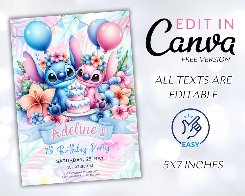 Puede incluir: Una invitaci&oacute;n a una fiesta de cumplea&ntilde;os para un 7&ordm; cumplea&ntilde;os con Stitch y Angel de Lilo & Stitch. La invitaci&oacute;n est&aacute; decorada con flores rosas y azules, globos y un pastel. El texto de la invitaci&oacute;n dice "Adeline's 7th Birthday Party, Saturday, 25 May at 02:30 PM".