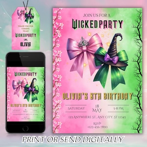 Wicked Geburtstagsfeier-Einladung, Wicked Party-Einladung, WICKED inspirierte Kinokarte, Elphaba & Glinda Theme, Filmparty, Canva Editable