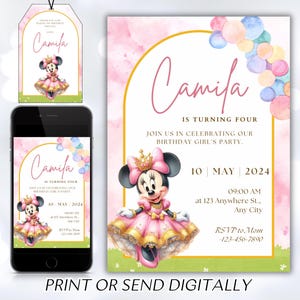 Editable Minnie Mouse Birthday Invitation, Watercolor Girls Birthday Invitation, Printable Invitation, Pink Minnie Invitation