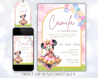 Editable Minnie Mouse Birthday Invitation, Watercolor Girls Birthday Invitation, Printable Invitation, Pink Minnie Invitation