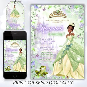 May include: A digital invitation suite featuring a princess illustration in a green and yellow gown. The invitation includes event details, a castle background, and the text "Hannah is turning 7". A matching tag and phone display are also shown.