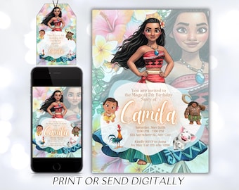 Moana-uitnodiging, digitale uitnodiging voor kinderen, Moana-feestuitnodiging, voor meisje uit te nodigen, bewerkbaar in Canva, moderne verjaardagssjabloon afdrukbare