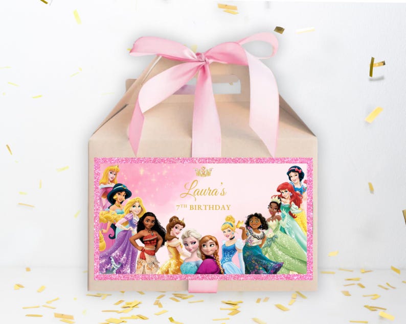 May include: A brown paper favor bag with a pink ribbon and a sticker featuring Disney princesses. The sticker says "Laura's 7th Birthday".