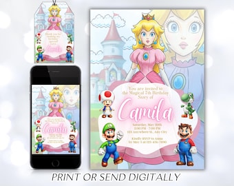 Peach invitation, Printable birthday invite, editable invitation, girl birthday, mario bros party, video game invitation, super template