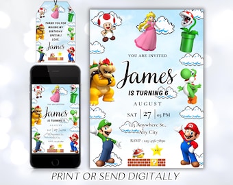 Invito di Mario, invito di compleanno stampabile, invito modificabile, compleanno per bambina, festa di Mario Bros, invito a tema videogiochi, super template