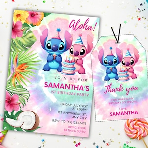 May include: A colorful birthday party invitation and matching tag featuring the characters Stitch and Angel. The invitation includes the text "Aloha!" and party details. The tag says "Thank you" and "Love, Samantha."