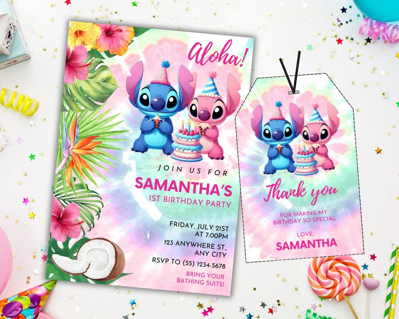 May include: A colorful birthday party invitation and matching tag featuring the characters Stitch and Angel. The invitation includes the text "Aloha!" and party details. The tag says "Thank you" and "Love, Samantha."