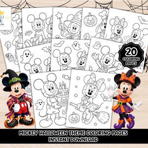 Puede incluir: Una colección de 20 páginas para colorear en blanco y negro con Mickey y Minnie Mouse en disfraces de Halloween, incluyendo calabazas, fantasmas y murciélagos. El set incluye ilustraciones de personajes con pasteles y escobas, etiquetado como Mickey Halloween Theme Coloring Pages.