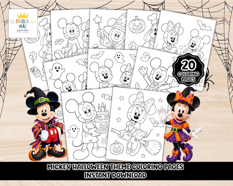 May include: A collection of 20 black and white coloring pages featuring Mickey and Minnie Mouse in Halloween costumes, including pumpkins, ghosts, and bats. The set includes illustrations of characters with cakes and brooms, labeled Mickey Halloween Theme Coloring Pages.