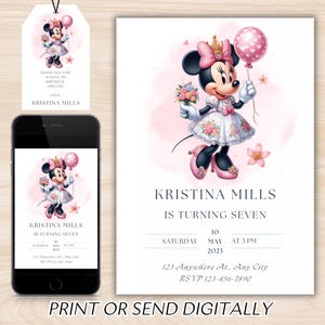 Editable Minnie Mouse Birthday Invitation, Watercolor Girls Birthday Invitation, Printable Invitation, Pink Minnie Invitation