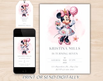 Editable Minnie Mouse Birthday Invitation, Watercolor Girls Birthday Invitation, Printable Invitation, Pink Minnie Invitation