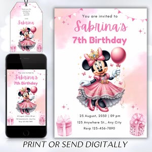 Editable Minnie Mouse Birthday Invitation, Watercolor Girls Birthday Invitation, Printable Invitation, Pink Minnie Invitation