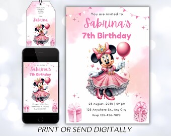 Editable Minnie Mouse Birthday Invitation, Watercolor Girls Birthday Invitation, Printable Invitation, Pink Minnie Invitation