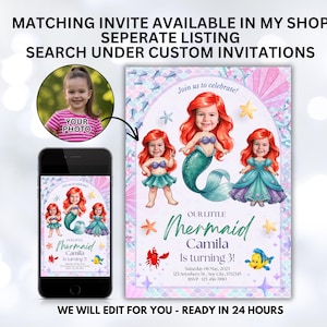 Op de afbeelding: Een verjaardagsuitnodiging met zeemeerminthema met de tekst "Our Little Mermaid Camila Is turning 3!". De uitnodiging bevat illustraties van een zeemeermin en andere zeedieren. De tekst "WE WILL EDIT FOR YOU - READY IN 24 HOURS" is ook opgenomen.