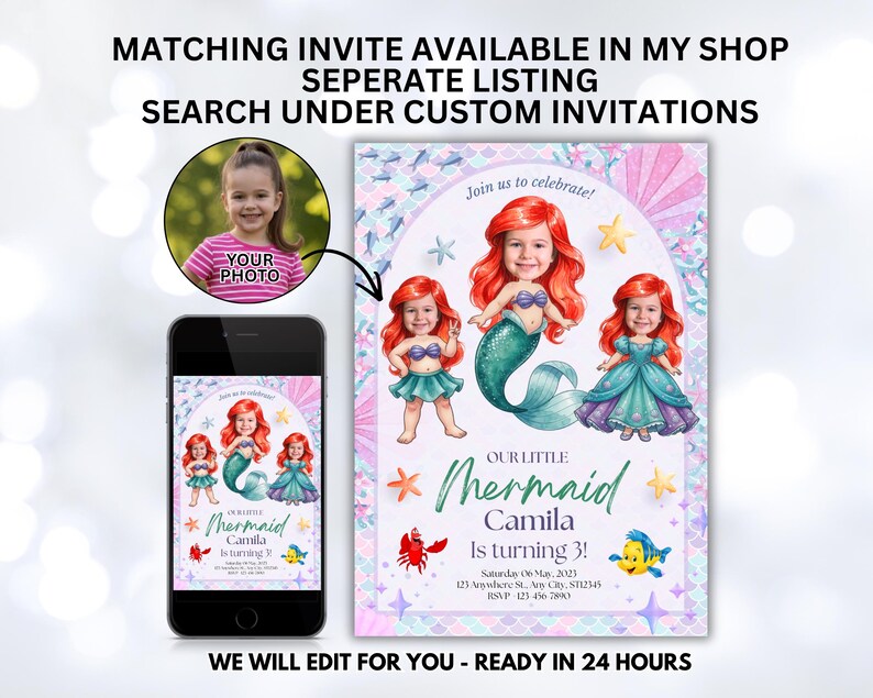 Op de afbeelding: Een verjaardagsuitnodiging met zeemeerminthema met de tekst "Our Little Mermaid Camila Is turning 3!". De uitnodiging bevat illustraties van een zeemeermin en andere zeedieren. De tekst "WE WILL EDIT FOR YOU - READY IN 24 HOURS" is ook opgenomen.