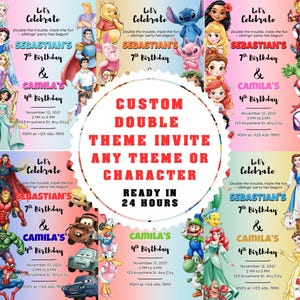 May include: Birthday party invitations with a vibrant design, showcasing characters from Disney and Marvel. The invitations are for a double theme party, with the text "Let's Celebrate" and details for a 7th and 4th birthday. The invitations are ready in 24 hours.