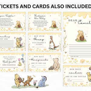 May include: A set of Winnie the Pooh themed baby shower cards and tickets. The cards include prompts for a diaper raffle, books for the baby, a parenting tip jar, and more. The cards feature illustrations of Winnie the Pooh and friends.