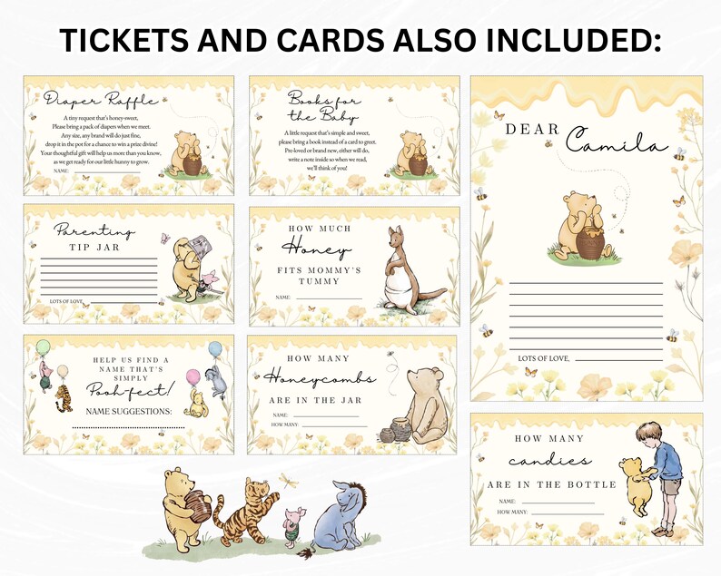May include: A set of Winnie the Pooh themed baby shower cards and tickets. The cards include prompts for a diaper raffle, books for the baby, a parenting tip jar, and more. The cards feature illustrations of Winnie the Pooh and friends.