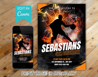 Editable Basketball Invitation Template, Basketball Birthday Invitation, Boys Girls Basketball Invite, Printable Basketball Theme Party