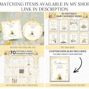 May include: A selection of baby shower items featuring Winnie the Pooh. The image shows editable signs, games, and thank you tags. The colour scheme is soft yellow and beige with floral accents. The text includes "Thank You" and "Camila".