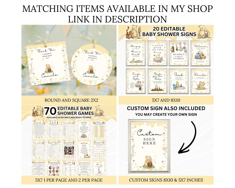 May include: A selection of baby shower items featuring Winnie the Pooh. The image shows editable signs, games, and thank you tags. The colour scheme is soft yellow and beige with floral accents. The text includes "Thank You" and "Camila".