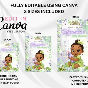 K&ouml;nnte beinhalten: Babyparty-Schild mit einer Cartoon-Prinzessin, die eine Flasche h&auml;lt, umgeben von Blumen und einem Schloss. Erh&auml;ltlich in drei Gr&ouml;&szlig;en: 16x20 Zoll, 18x24 Zoll und 24x36 Zoll. Vollst&auml;ndig bearbeitbar mit Canva.