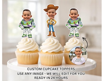 Adornos personalizados para cupcakes con caras de Woody y Buzz, decoraciones personalizadas para fiestas con fotos, adornos personalizados para cupcakes con caras, adornos personalizados para cupcakes con fotos.
