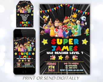 Convite do Mario, convite de aniversário para imprimir, convite editável, aniversário de menina, festa do Mario Bros, convite de videogame, modelo incrível