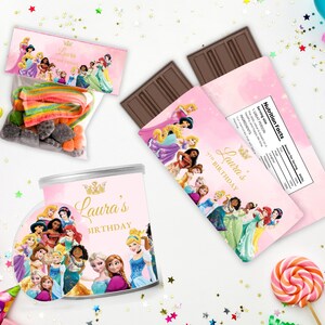 May include: Pink and gold princess-themed party favor labels with a variety of Disney princesses. The labels feature the text "Laura's 7th Birthday".