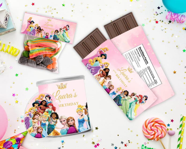 May include: Pink and gold princess-themed party favor labels with a variety of Disney princesses. The labels feature the text "Laura's 7th Birthday".