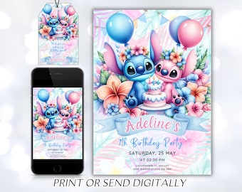 May include: A printable invitation for a 7th birthday party featuring Stitch and Angel from Lilo & Stitch. The invitation is decorated with flowers, hearts, and a pastel color scheme. The text on the invitation reads "Adeline's 7th Birthday Party" and includes the date, time, and location of the party.