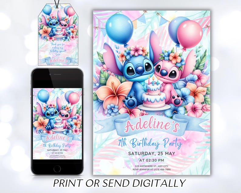 Puede incluir: Una invitaci&oacute;n imprimible para una fiesta de cumplea&ntilde;os de 7 a&ntilde;os con Stitch y Angel de Lilo & Stitch. La invitaci&oacute;n est&aacute; decorada con flores, corazones y un esquema de color pastel. El texto de la invitaci&oacute;n dice "Adeline's 7th Birthday Party" e incluye la fecha, la hora y la ubicaci&oacute;n de la fiesta.