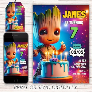 Puede incluir: Una invitación imprimible para una fiesta de cumpleaños de 7 años con una imagen de dibujos animados de Groot de Guardianes de la Galaxia. La invitación está decorada con un fondo morado, azul y verde e incluye el texto "James cumple 7 años" y una fecha y hora para la fiesta.