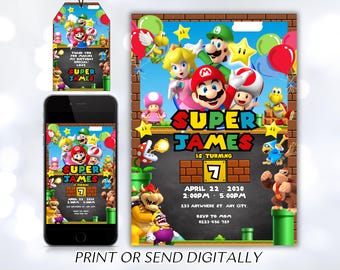 Convite do Mario, convite de aniversário para imprimir, convite editável, aniversário de menina, festa do Mario Bros, convite de videogame, modelo incrível