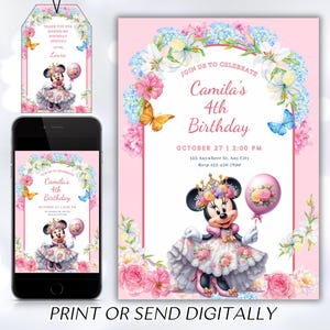 Editable Minnie Mouse Birthday Invitation, Watercolor Girls Birthday Invitation, Printable Invitation, Pink Minnie Invitation