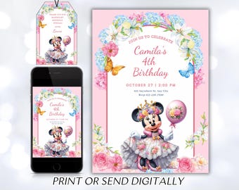Editable Minnie Mouse Birthday Invitation, Watercolor Girls Birthday Invitation, Printable Invitation, Pink Minnie Invitation