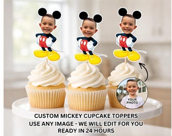 Custom Mickey Face Cupcake Toppers, Mickey Personalized Face Cupcake Toppers, Custom Face Cupcake Toppers, Mouse Cupcake Topper