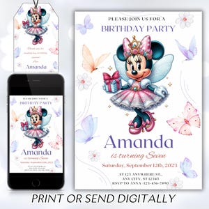 Editable Minnie Mouse Birthday Invitation, Watercolor Girls Birthday Invitation, Printable Invitation, Pink Minnie Invitation