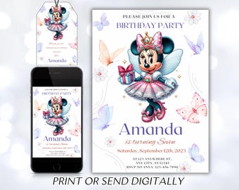 Editable Minnie Mouse Birthday Invitation, Watercolor Girls Birthday Invitation, Printable Invitation, Pink Minnie Invitation