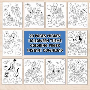 May include: A collection of 20 Mickey Halloween theme coloring pages featuring black and white line art of Disney characters like Mickey, Minnie, Donald, and Pluto with pumpkins, ghosts, and bats. The central text reads 20 PAGES MICKEY HALLOWEEN THEME COLORING PAGES INSTANT DOWNLOAD.