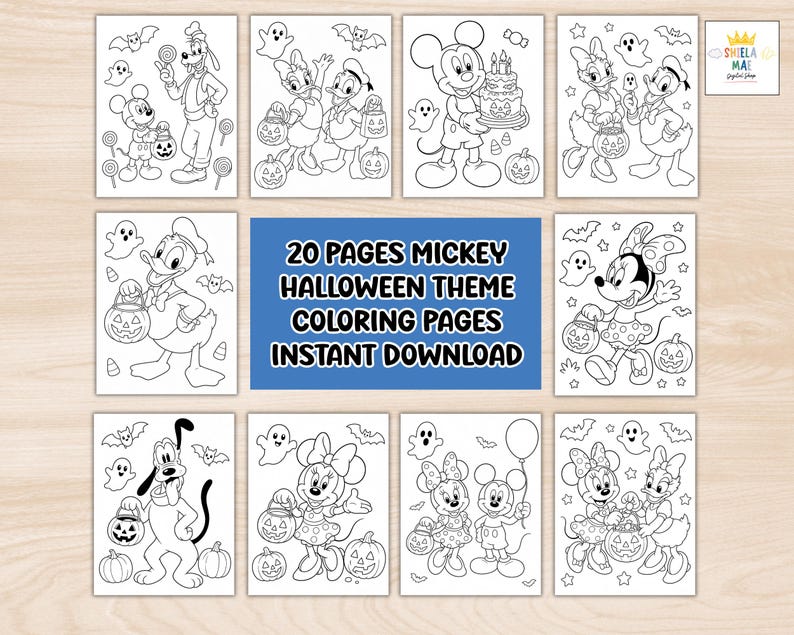 May include: A collection of 20 Mickey Halloween theme coloring pages featuring black and white line art of Disney characters like Mickey, Minnie, Donald, and Pluto with pumpkins, ghosts, and bats. The central text reads 20 PAGES MICKEY HALLOWEEN THEME COLORING PAGES INSTANT DOWNLOAD.